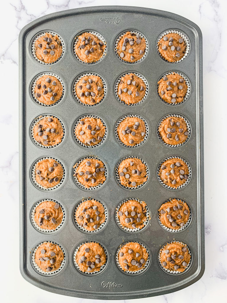 Batter in the mini-muffin pan, unbaked
