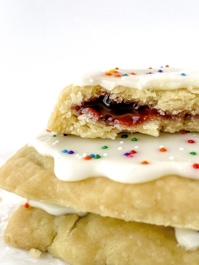 Very close up photo of homemade vegan pop tarts showing the flaky crust